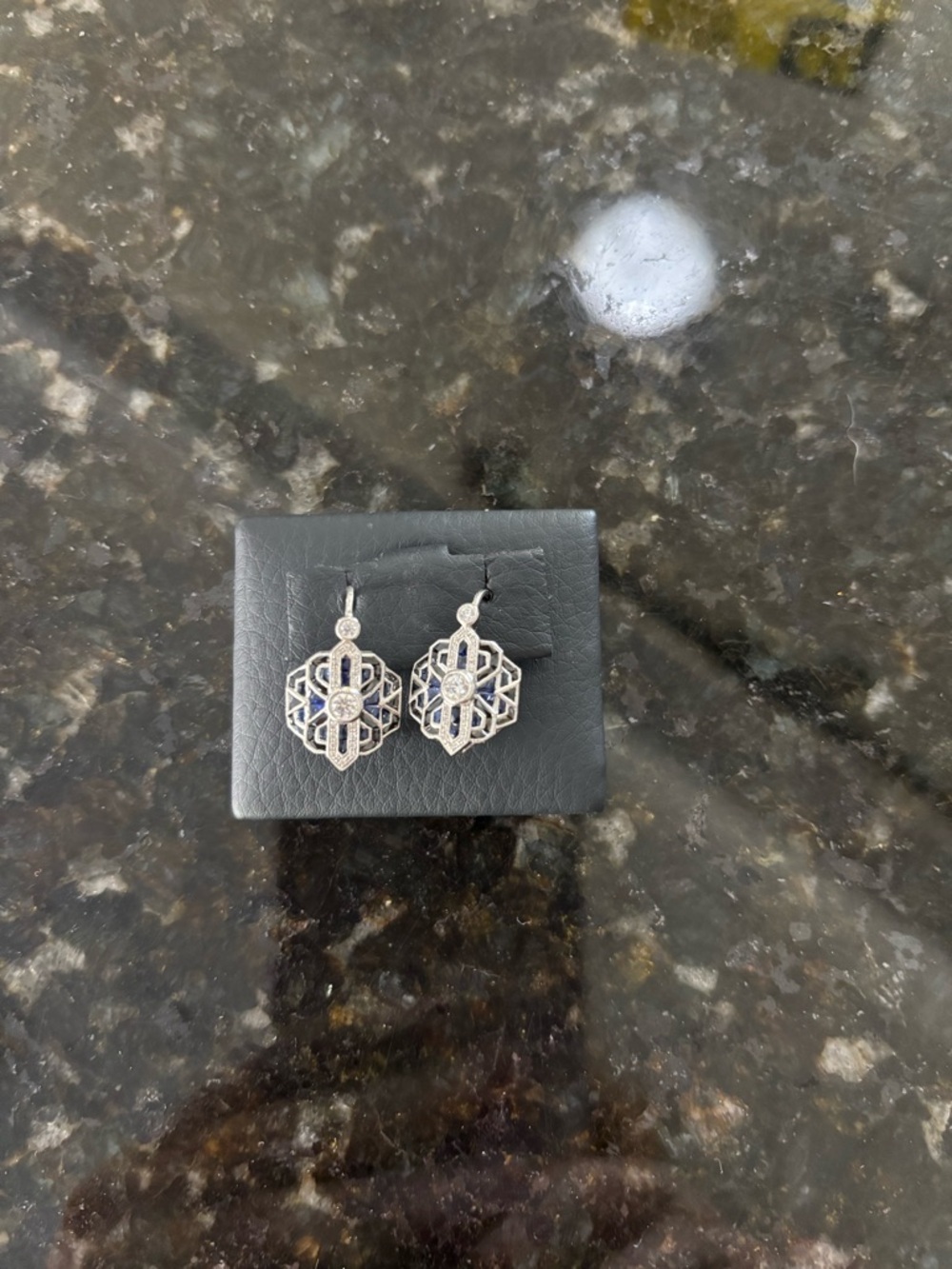 Silver Filigree Drop Earrings with Blue Accents